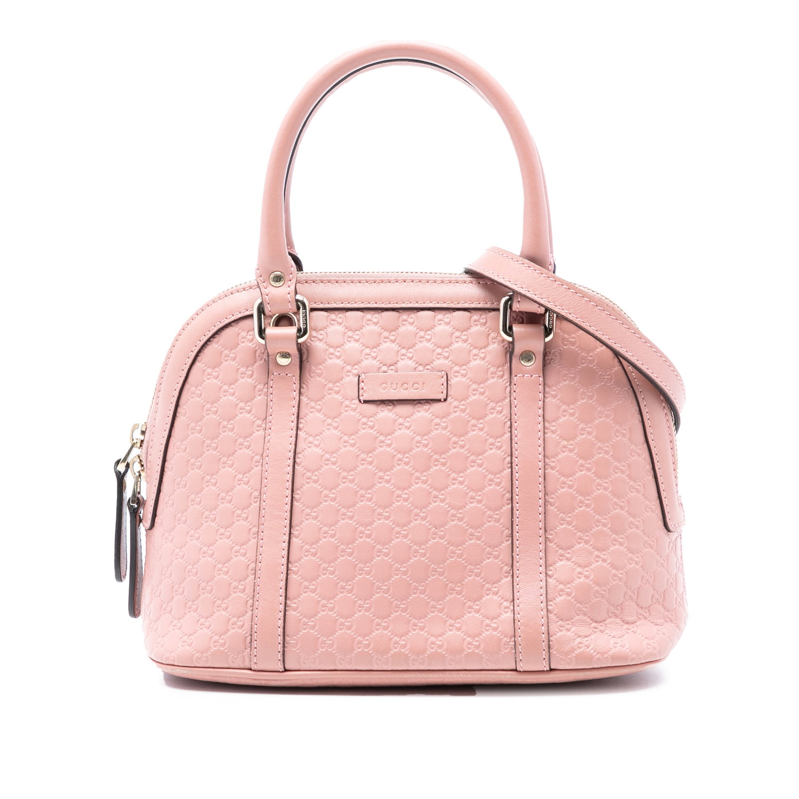 Gucci Pink Leather Mini Dome Satchel with Removable Shoulder Strap: Gucci Pink Leather Mini Dome Satchel with Removable Shoulder Strap This satchel features a pink leather body with the signature Microguccissima pattern, rolled leather handles, a detachable flat leath