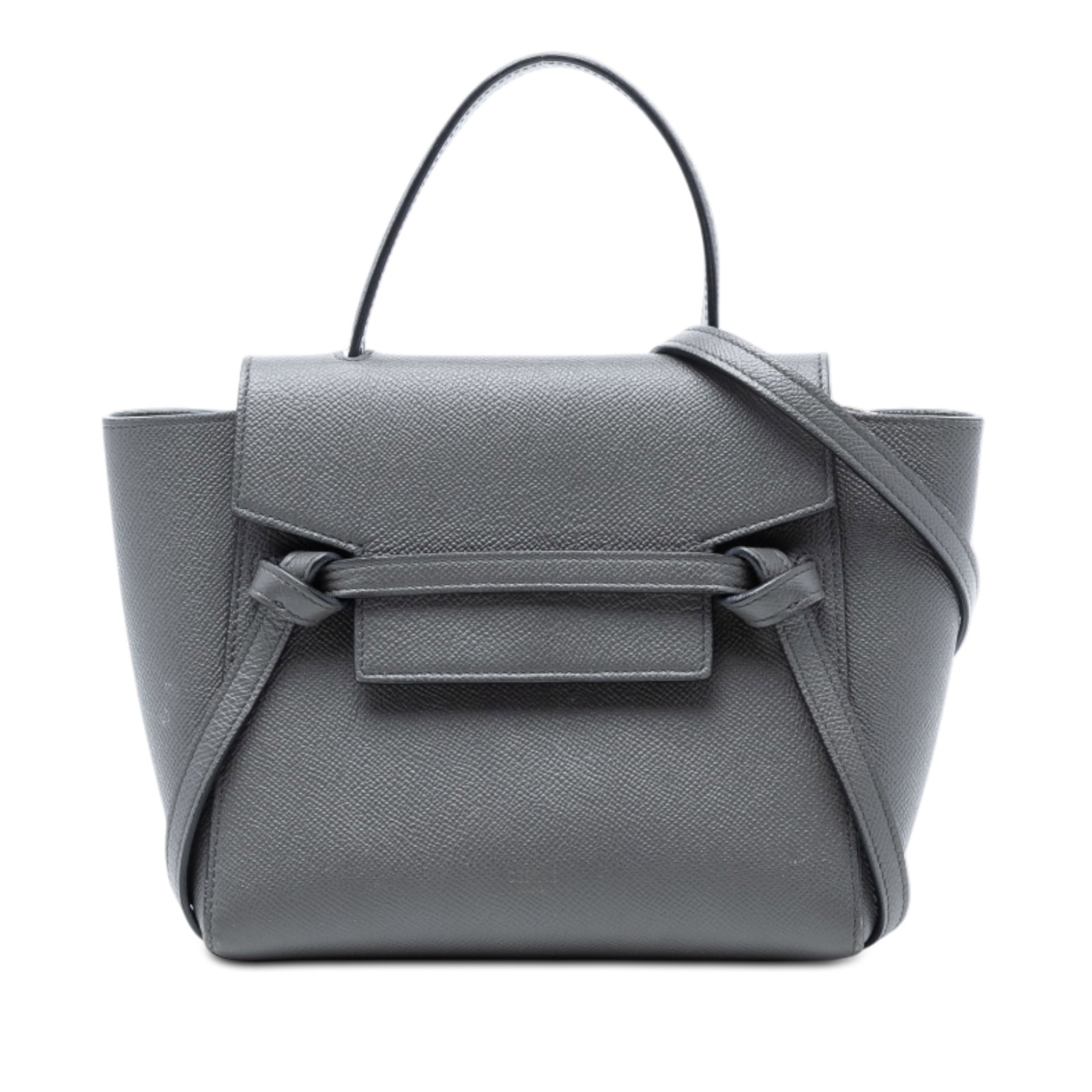 Celine Nano Belt Bag in Grained Calfskin Leather with Top Flap Closure: Celine Nano Belt Bag in Grained Calfskin Leather with Top Flap Closure This Celine Nano Grained Calfskin Belt Bag features a gray leather body with rolled leather handles and a removable flat leather