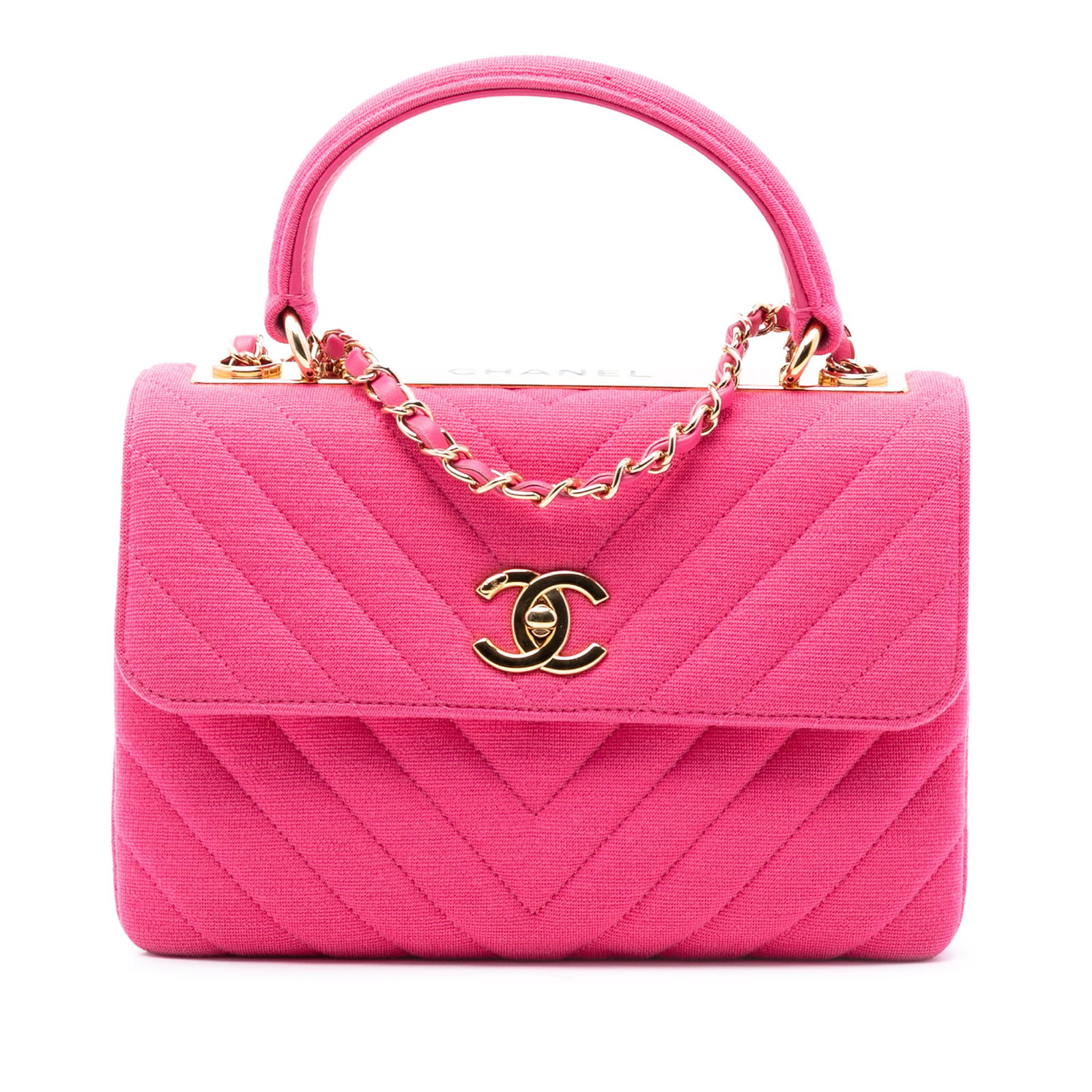 Pink Jersey Chevron Trendy CC Top Handle Bag by Chanel: Pink Jersey Chevron Trendy CC Top Handle Bag by Chanel This Chanel Small Chevron Jersey Trendy CC Top Handle Flap bag features a quilted jersey body in pink, complemented by a jersey top handle and a