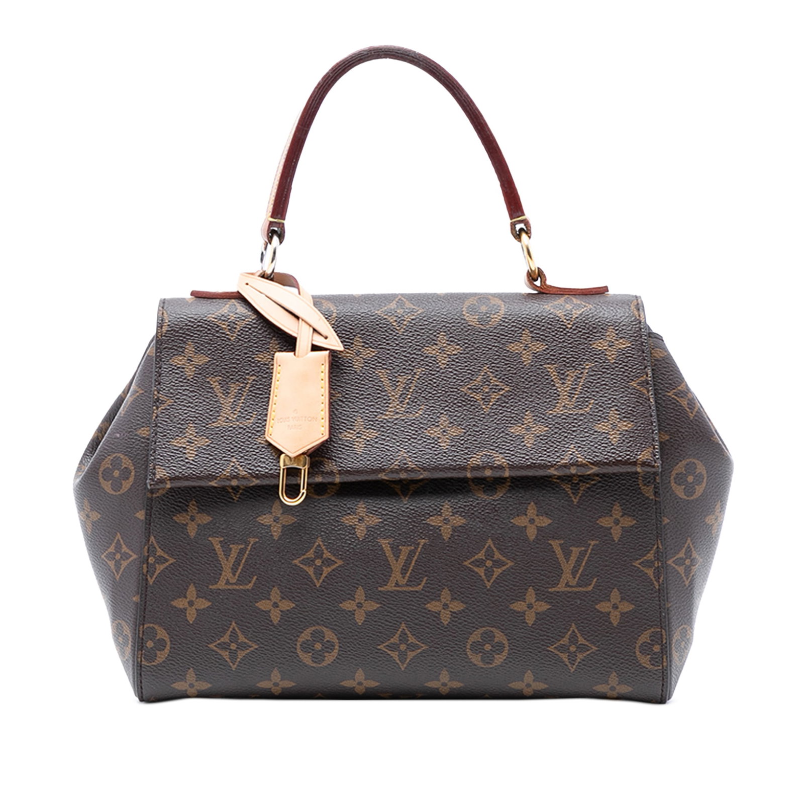 Louis Vuitton Cluny BB Monogram Canvas Top Handle Bag Brown: Louis Vuitton Cluny BB Monogram Canvas Top Handle Bag Brown The Louis Vuitton Monogram Cluny BB features a monogram canvas body with a flat vachetta leather top handle and a flap secured by a magnetic