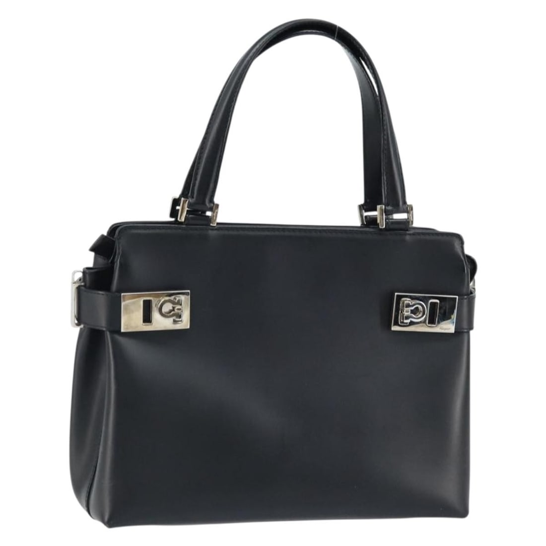 Black Leather Gancini Top Handle Bag by Salvatore Ferragamo Silver Hardware: Black Leather Gancini Top Handle Bag by Salvatore Ferragamo Silver Hardware This Salvatore Ferragamo Gancini hand bag features black leather with silver-tone accents. Designed for women, it includes a