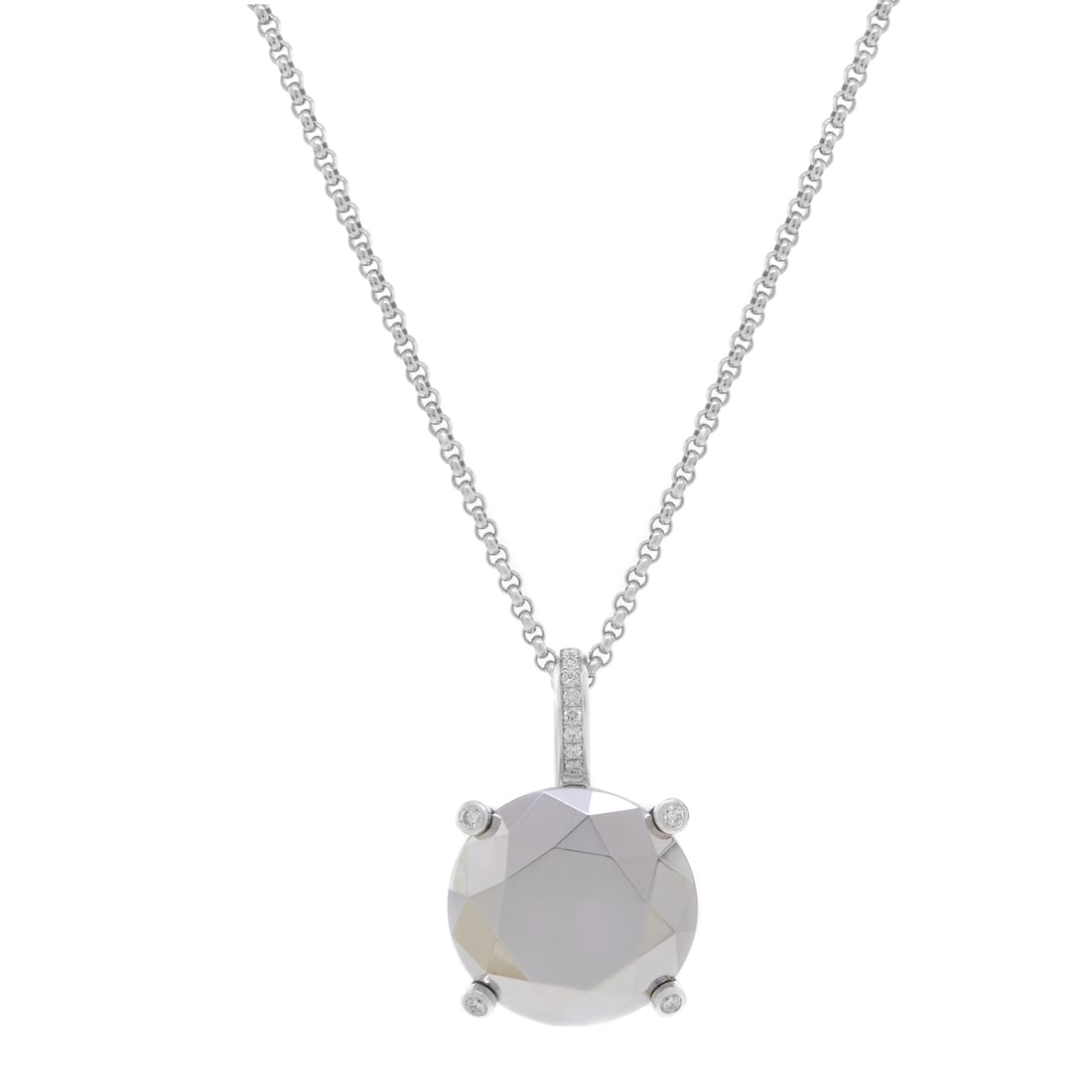 Chopard 18K White Gold Pendant Necklace with Chrome Stone and Diamonds 0.22Cttw: Chopard 18K White Gold Pendant Necklace with Chrome Stone and Diamonds 0.22Cttw Elevate your jewelry collection with this stunning Chopard pendant necklace, expertly crafted in solid 18K white gold. T