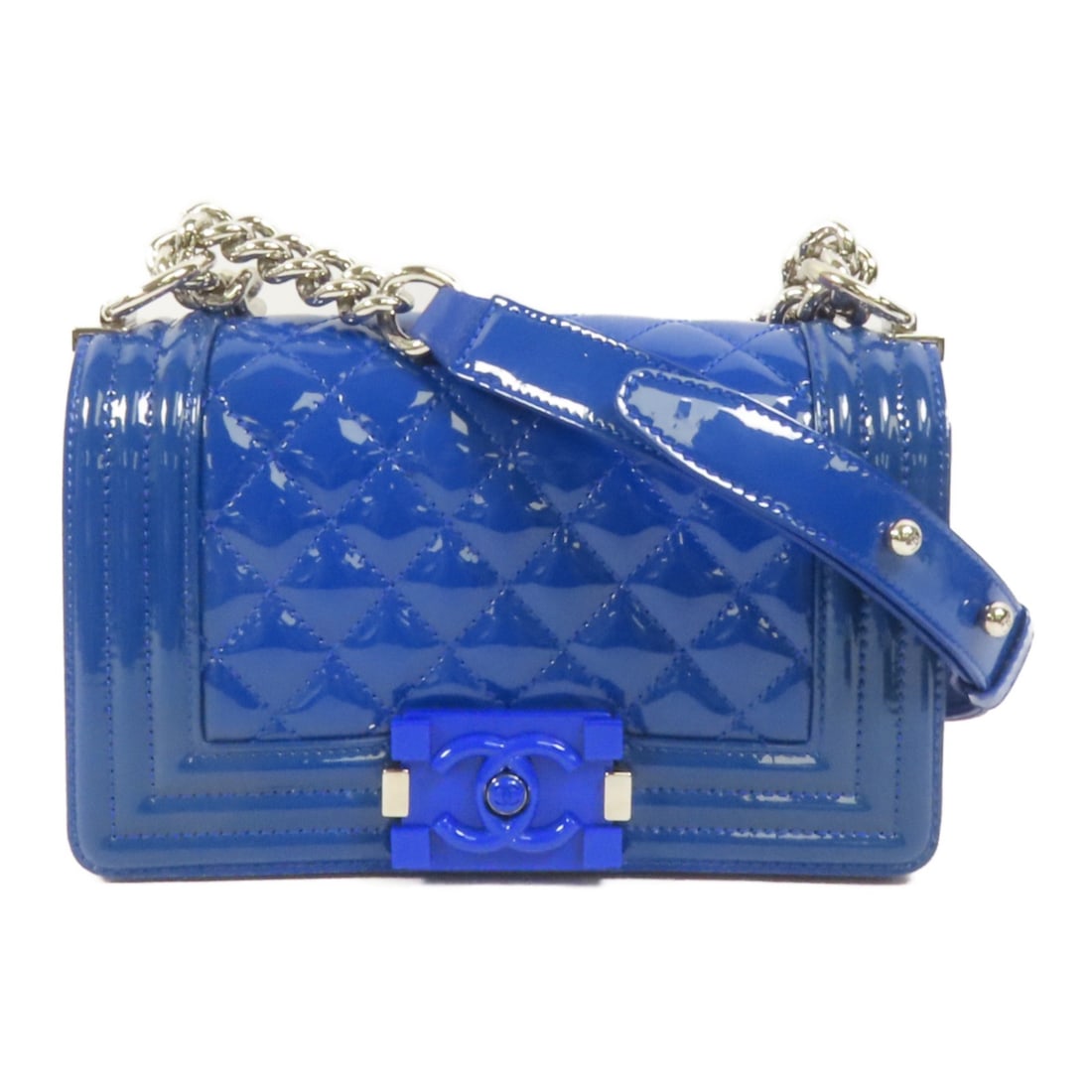 Blue Patent Leather Chanel Boy 20 Shoulder Bag with Silver Hardware (1 of 14)