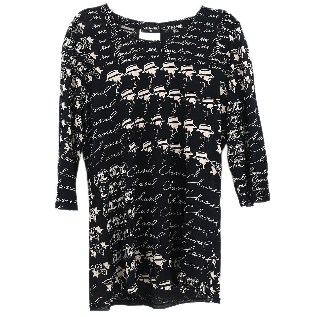 Chanel Black 3/4 Sleeve Top 100% Modal Size #34: Chanel Black 3/4 Sleeve Top 100% Modal Size #34 Elevate your casual wardrobe with this chic Chanel black top featuring a round neckline and 3/4 sleeves. Crafted from 100% modal, it offers a lightweigh