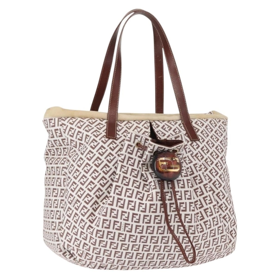 FENDI Zucchino Canvas Tote Bag White Brown Italy Auth 146551V (1 of 18)