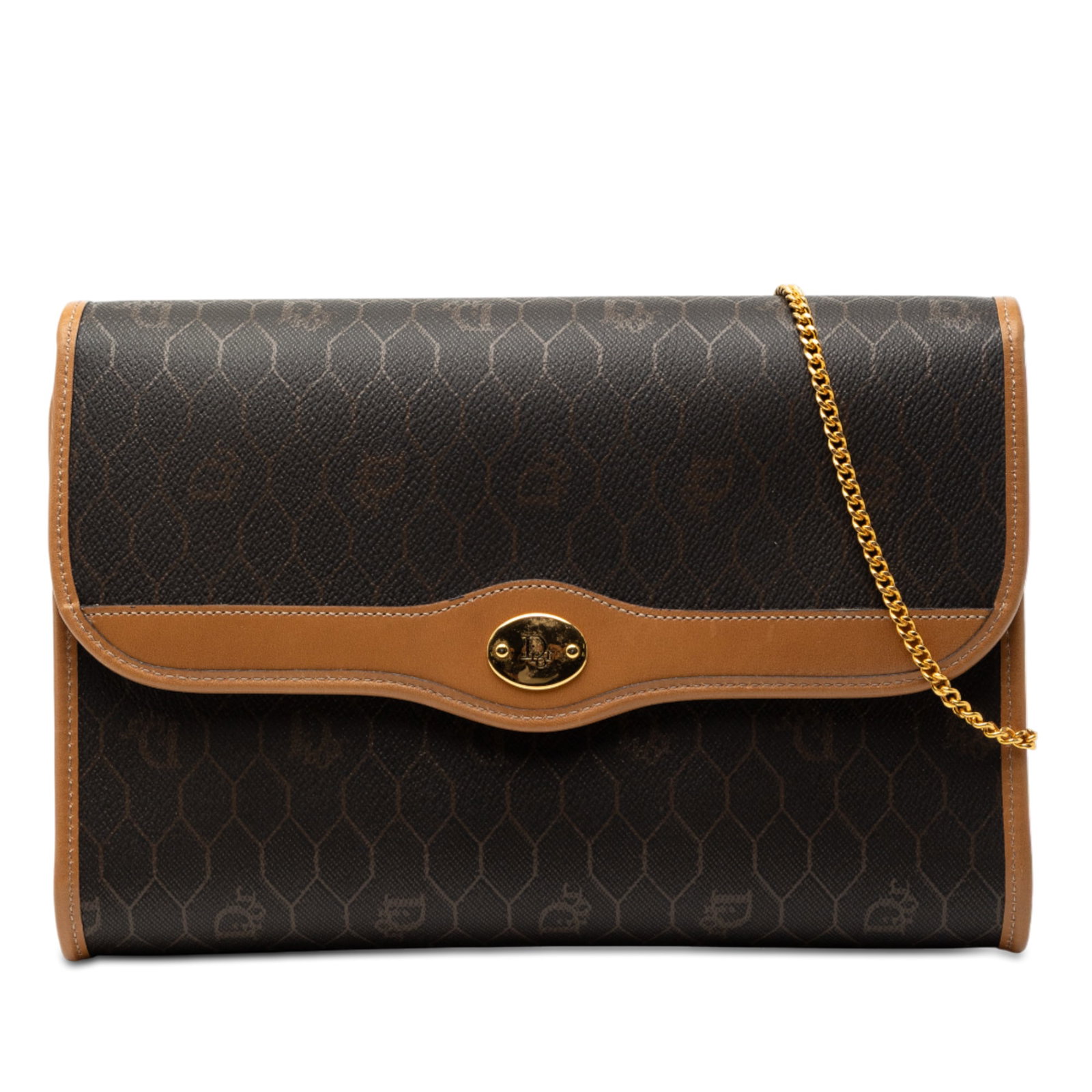 Dior Honeycomb Black Coated Canvas Crossbody Bag with Chain Strap: Dior Honeycomb Black Coated Canvas Crossbody Bag with Chain Strap This Dior Honeycomb crossbody bag features a coated canvas body with leather trim, a chain shoulder strap, a front flap with magnetic