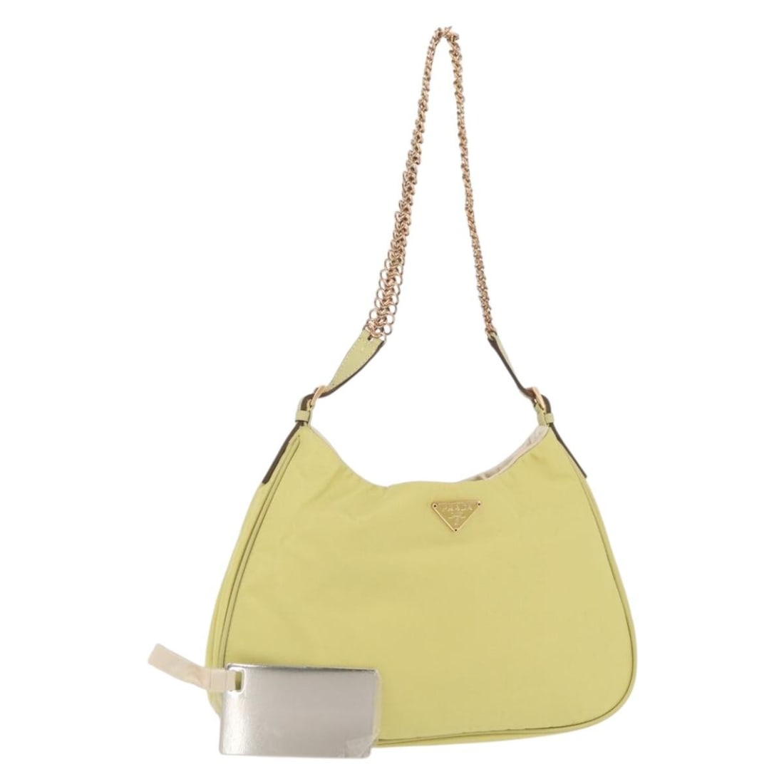 Yellow Nylon PRADA Shoulder Bag with Chain Strap and Accessories: Yellow Nylon PRADA Shoulder Bag with Chain Strap and Accessories This PRADA chain shoulder bag features a vibrant yellow and gold color scheme and is crafted from durable nylon. Designed for women, it