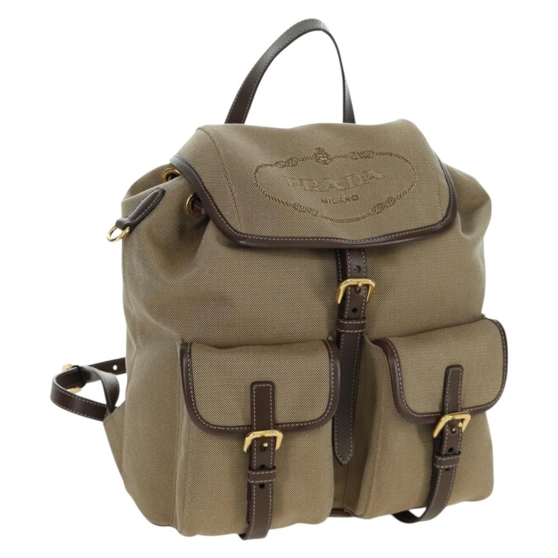 Prada Beige Canvas Backpack with Gold Tone Accents and Dust Bag: Prada Beige Canvas Backpack with Gold Tone Accents and Dust Bag This PRADA women's backpack features a beige and gold canvas exterior and comes with a dust bag. The bag is in very good, un-used condit
