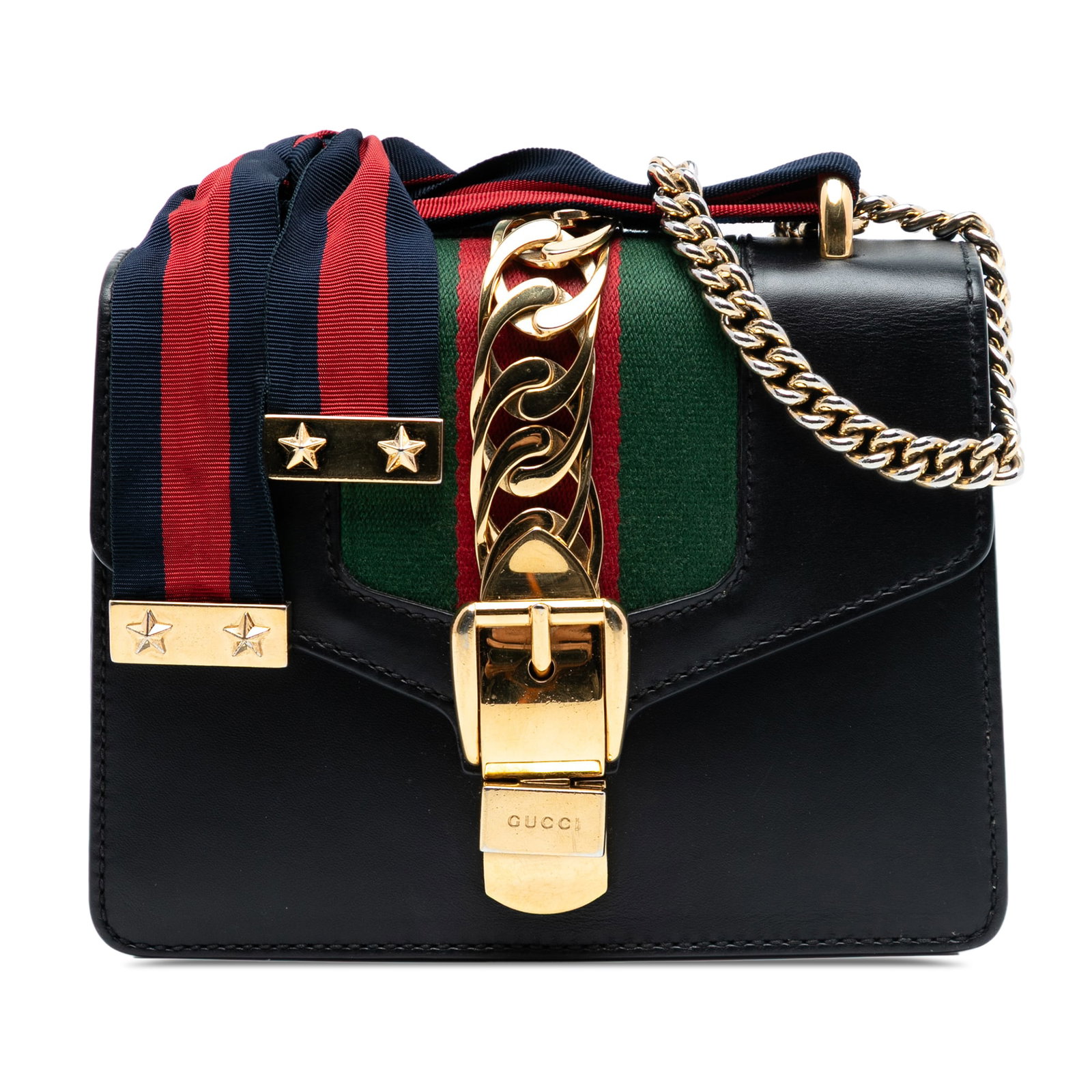Gucci Sylvie Mini Black Leather Chain Strap Crossbody Bag: Gucci Sylvie Mini Black Leather Chain Strap Crossbody Bag This Gucci Mini Leather Web Sylvie Chain Crossbody features a black leather body with a chain link strap and a front flap secured by a magneti