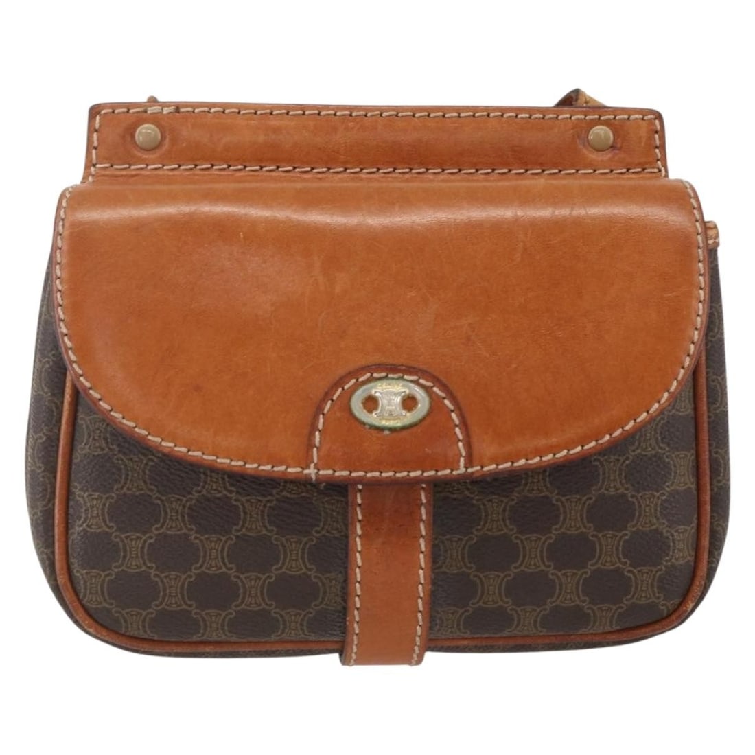 Vintage Celine Macadam Canvas Leather Shoulder Bag Brown: Vintage Celine Macadam Canvas Leather Shoulder Bag Brown This vintage Celine Macadam shoulder bag for women features a brown canvas body complemented by leather accents. It has a compact design with d