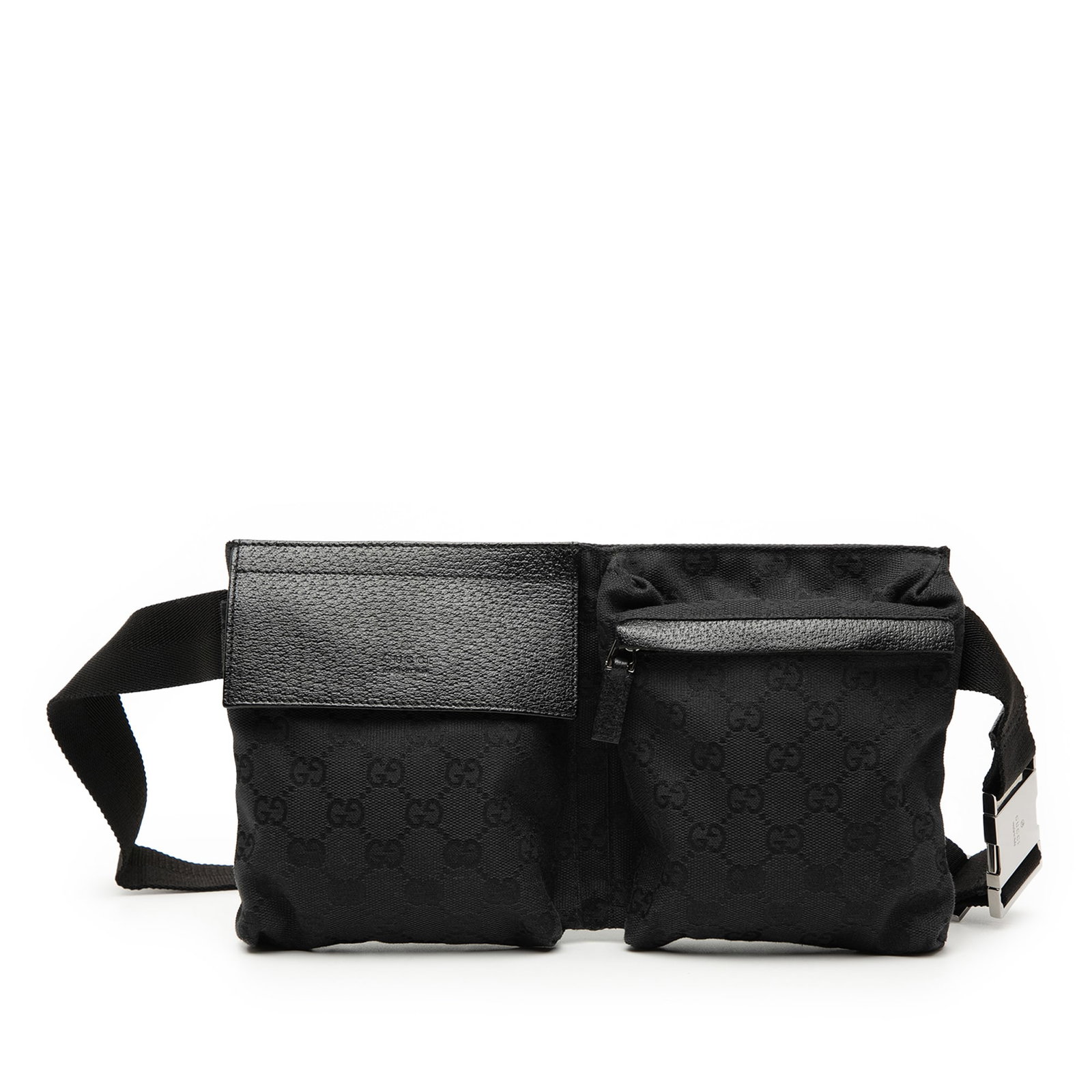 Black GG Canvas Waist Bag with Dual Pockets by Gucci: Black GG Canvas Waist Bag with Dual Pockets by Gucci This Gucci GG Canvas Double Pocket Belt Bag features a black canvas body with an adjustable waist strap. It is designed with exterior front flap an