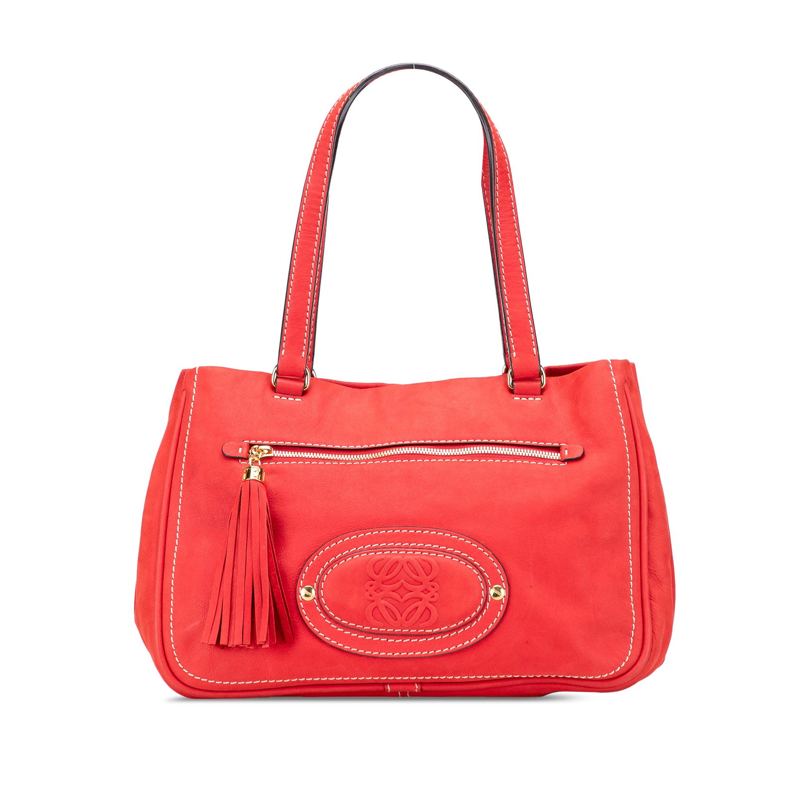 LOEWE Nubuck Anagram Fringe Shoulder Bag Red Leather (1 of 12)