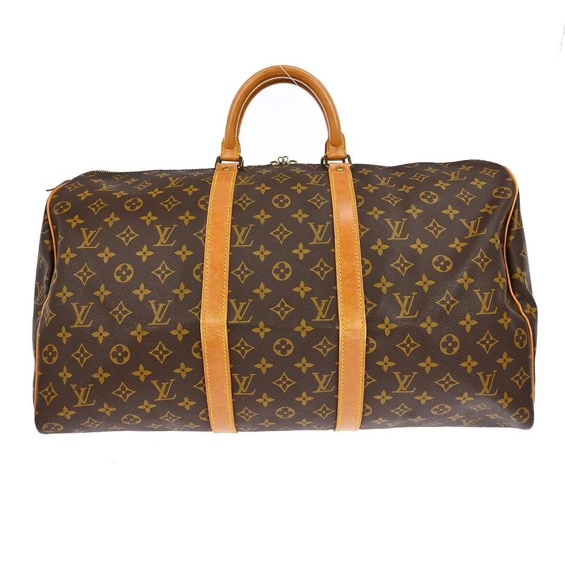Keepall Monogram Canvas Travel Bag by Louis Vuitton: Keepall Monogram Canvas Travel Bag by Louis Vuitton This is a Louis Vuitton Keepall Bag crafted in brown monogram canvas. Designed as a unisex travel bag, it features leather accents and displays sign