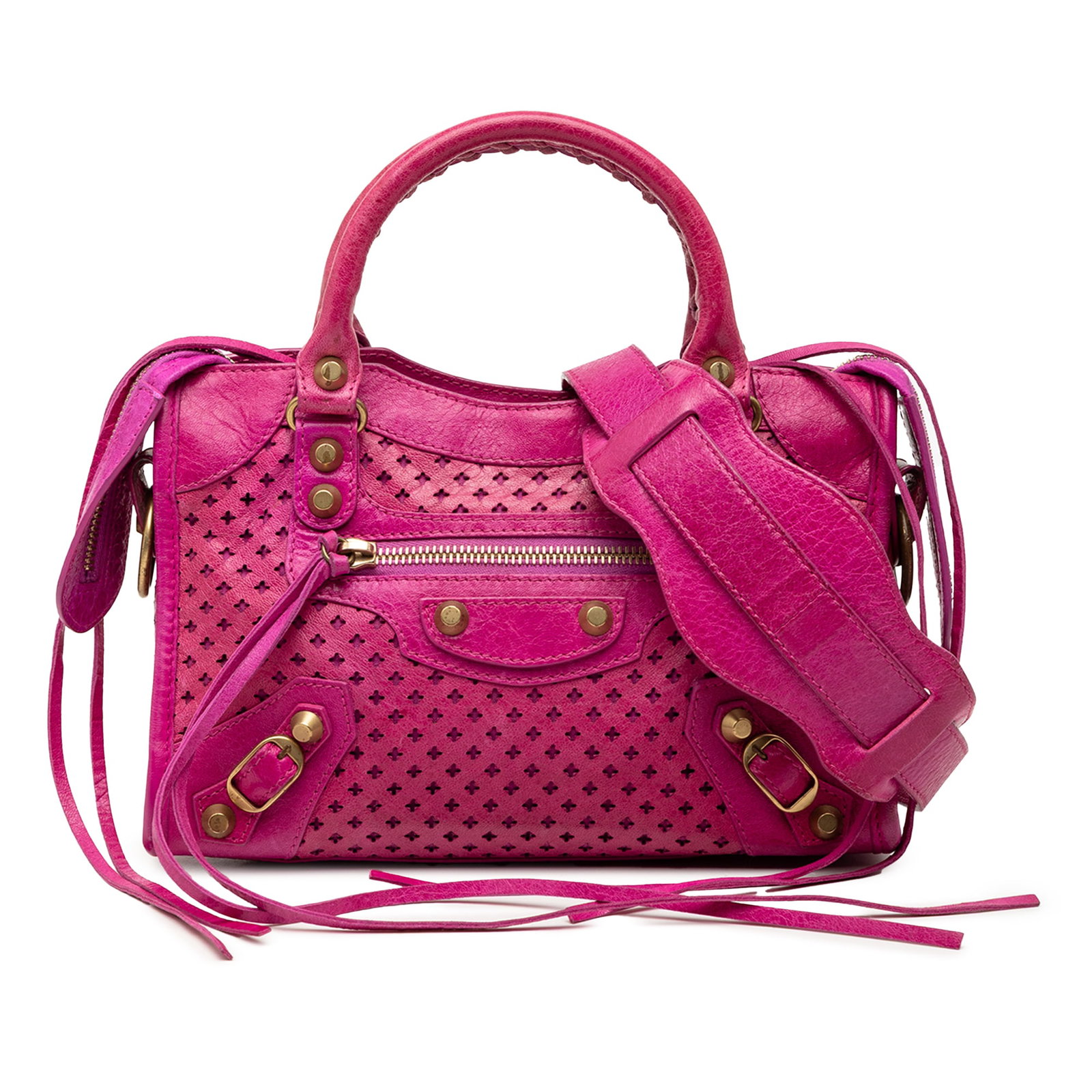 Balenciaga Mini Motocross Stadio Laser Cut Pink Leather City Bag: Balenciaga Mini Motocross Stadio Laser Cut Pink Leather City Bag This Balenciaga Mini Lambskin Motocross Stadio Laser Cut Cross Classic City Satchel is crafted from pink leather and features rolled le