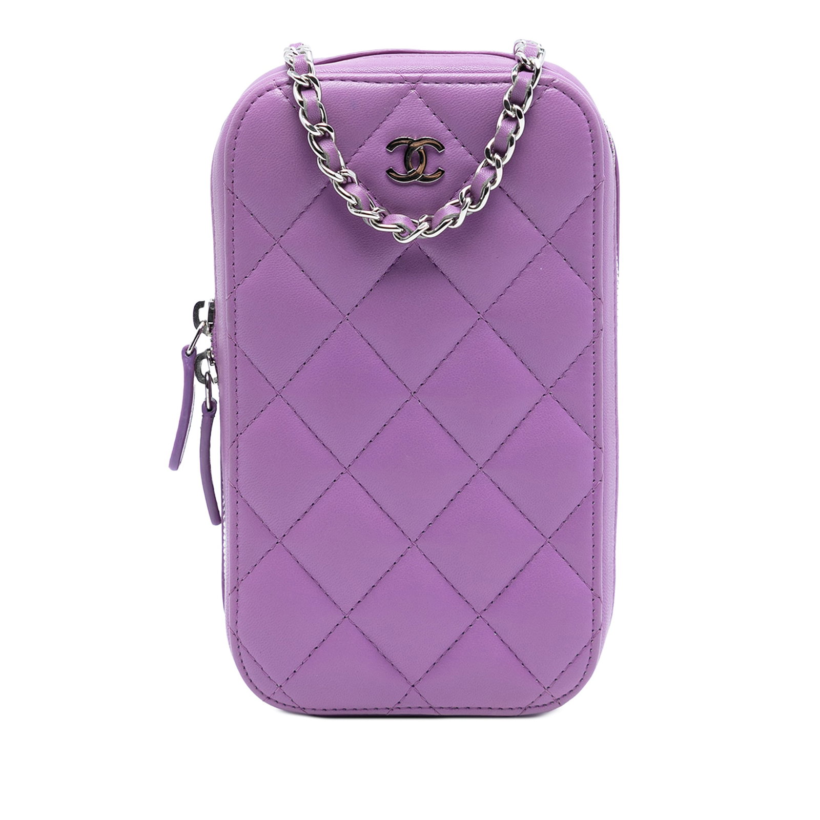 Chanel CC Purple Lambskin Quilted Zip Phone Case with Chain Strap: Chanel CC Purple Lambskin Quilted Zip Phone Case with Chain Strap This Chanel phone case is crafted from quilted lambskin leather in a purple hue and features a leather-woven chain shoulder strap, a z
