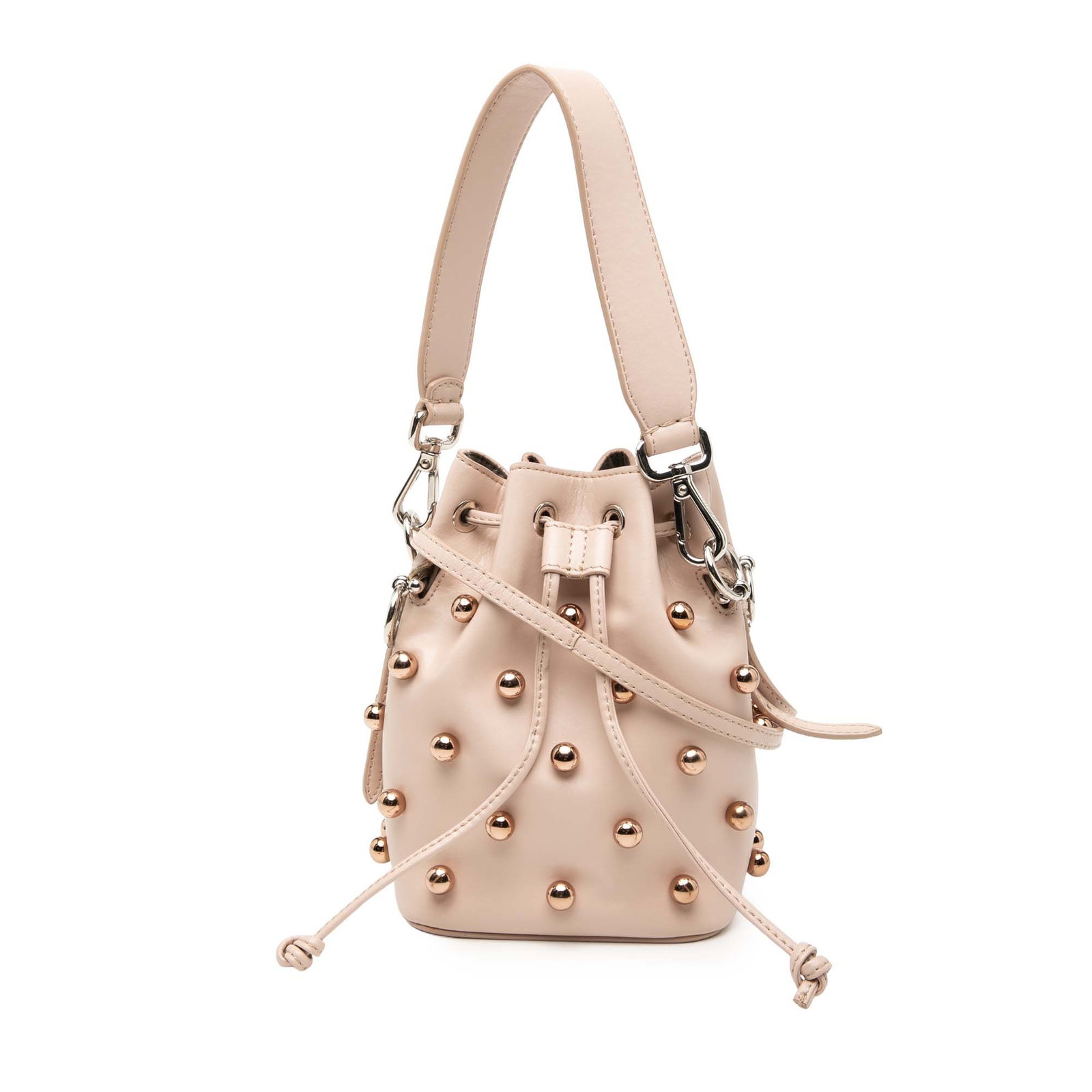 Fendi Mon Tresor Pink Mini Leather Bucket Bag with Stud Accents: Fendi Mon Tresor Pink Mini Leather Bucket Bag with Stud Accents This Fendi Mini Studded Mon Tresor Bucket Bag features a pink studded leather exterior, a flat leather top handle, and a detachable flat