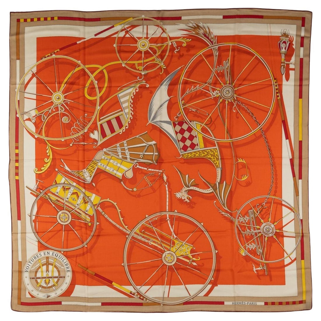 Hermes Voitures En Equilibre Silk Scarf 54 in by Daiske Nomura: Hermes Voitures En Equilibre Silk Scarf 54 in by Daiske Nomura Introducing the exquisite Hermes "Voitures En Equilibre" scarf, a luxurious accessory crafted from premium silk twill. Designed by Daiske