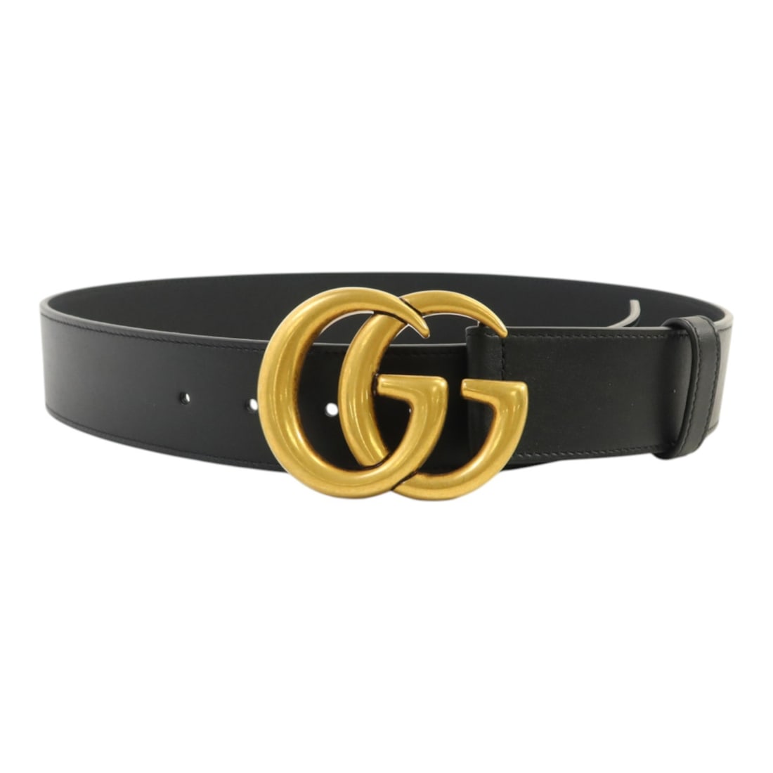 Gucci GG Marmont Black Calfskin Belt with Gold Hardware Size 85: Gucci GG Marmont Black Calfskin Belt with Gold Hardware Size 85 This men's belt from Gucci features black calfskin leather and a GG Marmont buckle with gold-tone hardware. Crafted in Italy, it is desi