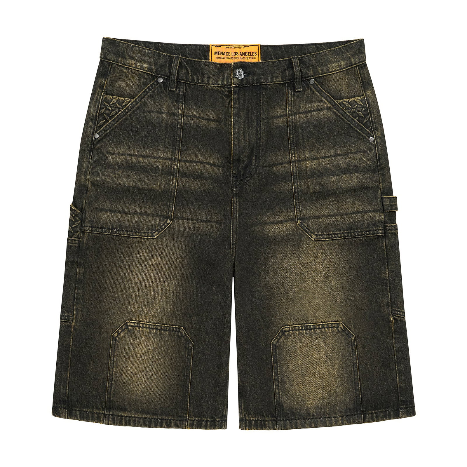 Rusty Black Steel Embossed Denim Carpenter Shorts by Menace (1 of 2)