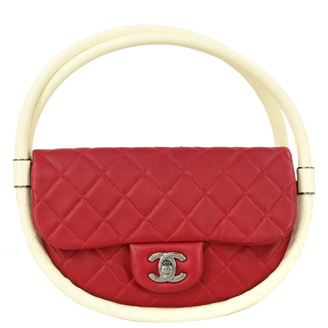 Chanel Quilted Lambskin Red Hula Hoop Leather Shoulder Bag: Chanel Quilted Lambskin Red Hula Hoop Leather Shoulder Bag This Chanel Hula Hoop Bag features quilted red lambskin leather, designed for women. It measures 22cm x 14cm x 7cm and is crafted in France.