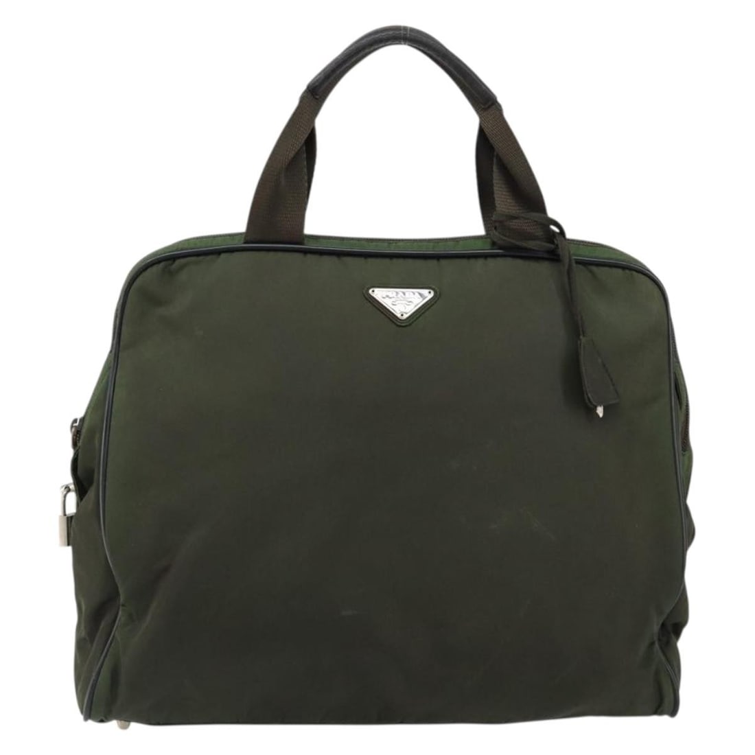 Khaki Nylon Prada Vintage Shoulder Bag 35cm by 28cm by 9cm: Khaki Nylon Prada Vintage Shoulder Bag 35cm by 28cm by 9cm This pre-owned Prada vintage handbag for women is crafted from khaki nylon and features metal fittings. It shows typical signs of use, includ