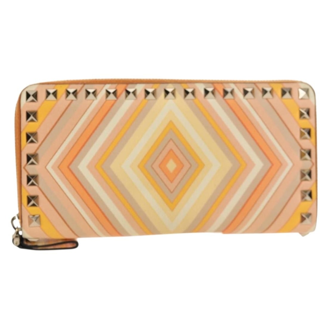 Striped Leather Zip Wallet by Valentino Garavani Rockstud: Striped Leather Zip Wallet by Valentino Garavani Rockstud This Valentino Garavani Rockstud Zip Around Wallet is crafted from leather in a vibrant orange color. Designed for women, it features a zip-ar