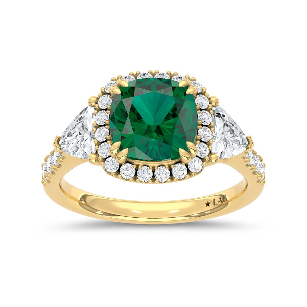 14K Yellow Gold Lab Grown Diamond 3 1/4 Ct.Tw. Cushion Shape Recrystalized Emerald Engagement Ring: 14K Yellow Gold Lab Grown Diamond 3 1/4 Ct.Tw. Cushion Shape Recrystalized Emerald Engagement Ring (Center 2 ct) Celebrate timeless elegance with this 14K yellow gold engagement ring, featuring a lumi