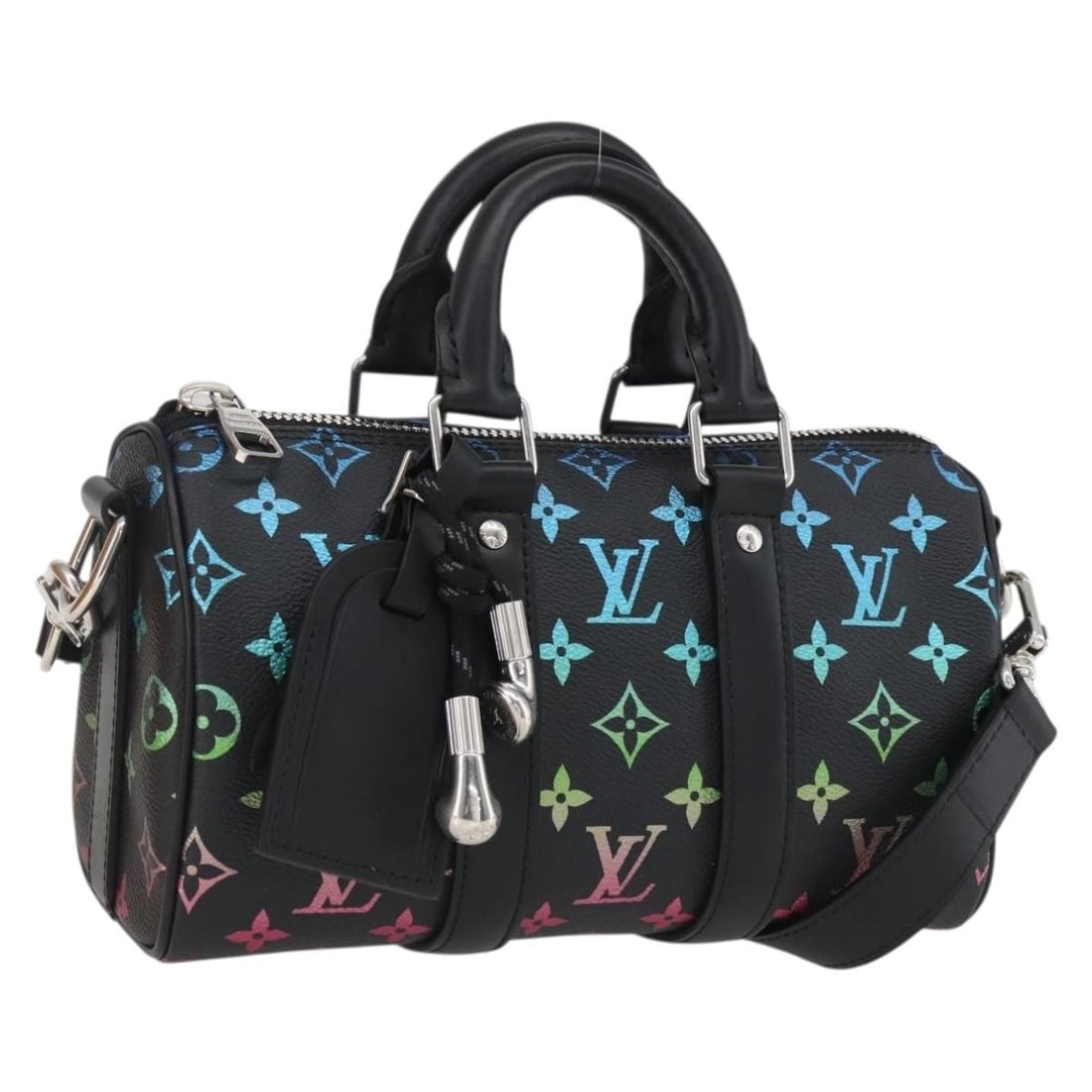 Louis Vuitton Iridescent Monogram Keepall Bandouliere 25 Black Canvas Handbag: Louis Vuitton Iridescent Monogram Keepall Bandouliere 25 Black Canvas Handbag This Louis Vuitton Iridescent Keepall Bandouliere 25 bag features black Monogram canvas and is designed for women. The bag