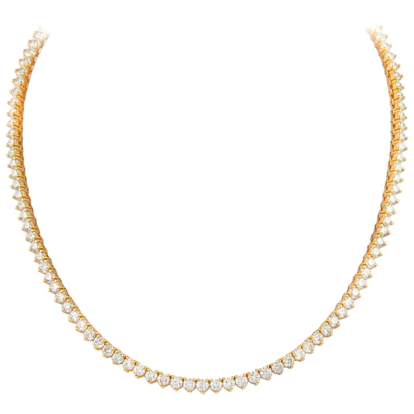 16.25ct Diamond Tennis Necklace 18k Yellow Gold: 16.25ct Diamond Tennis Necklace 18k Yellow Gold This stunning diamond tennis necklace features a classic three-prong setting crafted from 18k yellow gold. It showcases 16.25 carats of round brilliant