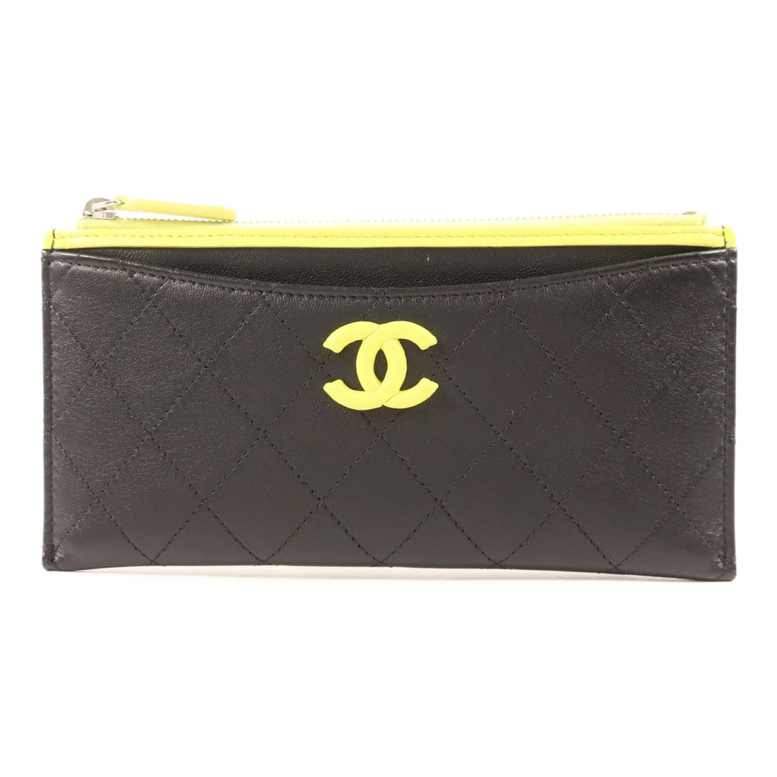 Chanel Black and Yellow Calfskin CC Long Wallet with Silver Hardware: Chanel Black and Yellow Calfskin CC Long Wallet with Silver Hardware This CHANEL long wallet features a black and yellow design crafted from calfskin leather. Designed for women, it offers a stylish a