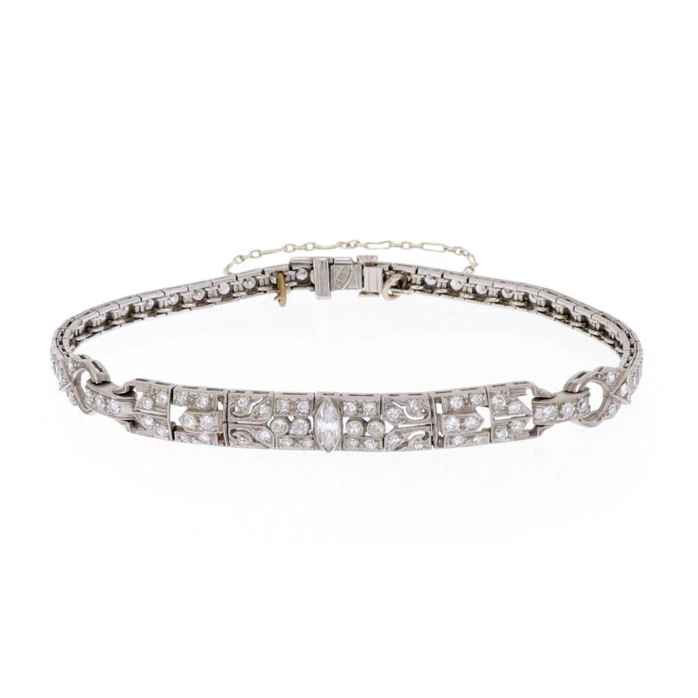 Art Deco Platinum Bracelet with Marquise Diamond Floral Design (1 of 5)