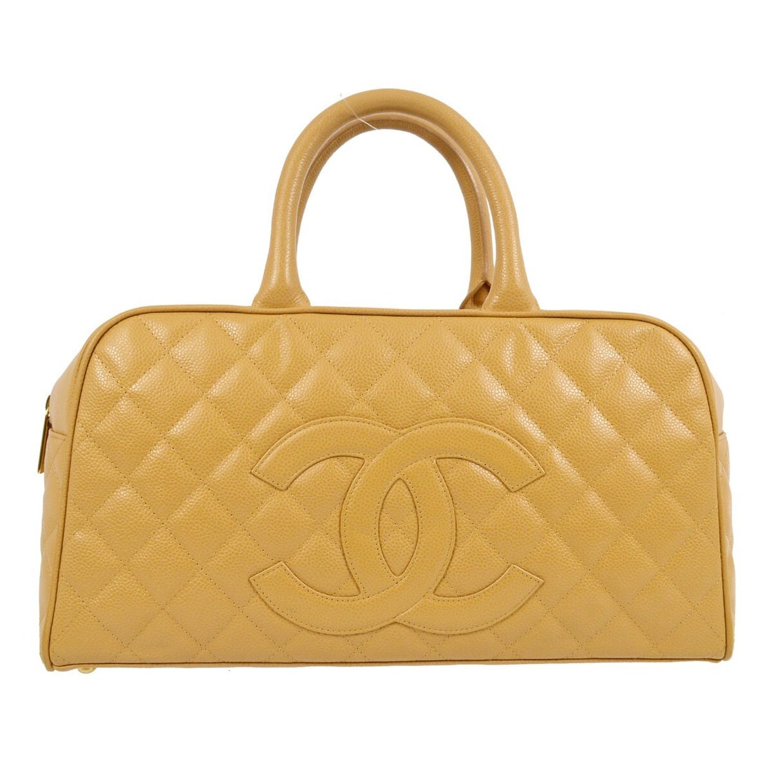 Chanel Beige Caviar Leather Bowling Bag with Double Handles: Chanel Beige Caviar Leather Bowling Bag with Double Handles This stylish Chanel Bowling Bag is crafted from luxurious beige caviar skin leather, making it a perfect accessory for casual occasions. It