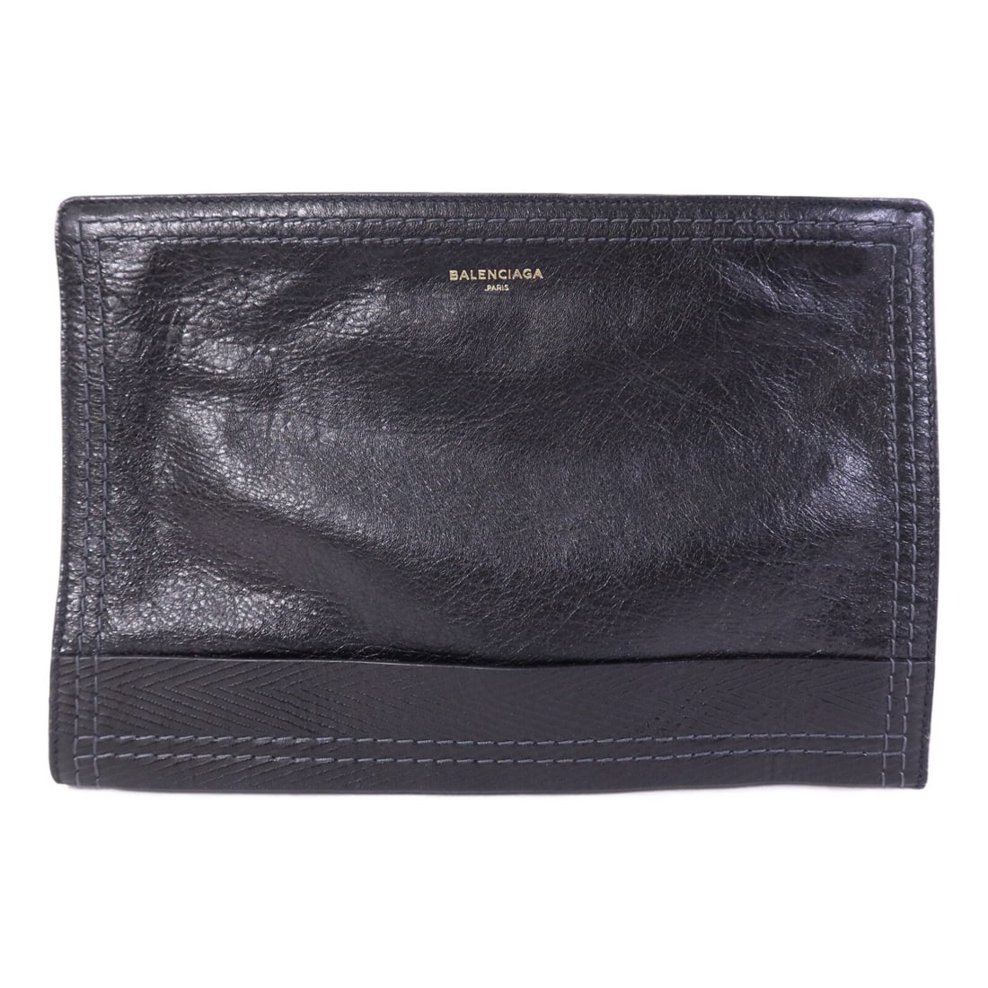 Balenciaga Black Calfskin Leather Clutch with Gold Hardware Model 459995: Balenciaga Black Calfskin Leather Clutch with Gold Hardware Model 459995 This Balenciaga clutch hand pouch features black calfskin leather with a sleek design. The pouch is tailored for women and pres