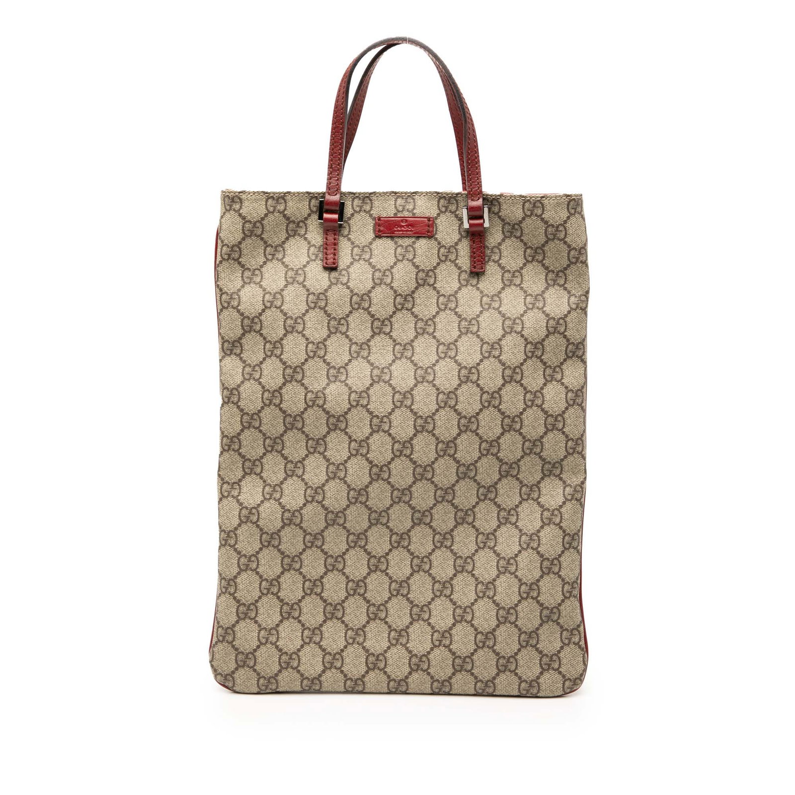 Brown GG Supreme Tote Bag by Gucci with Leather Handles: Brown GG Supreme Tote Bag by Gucci with Leather Handles This Gucci GG Supreme Tote features a coated canvas body with brown fabric and flat leather straps. The bag is designed with an open top secured