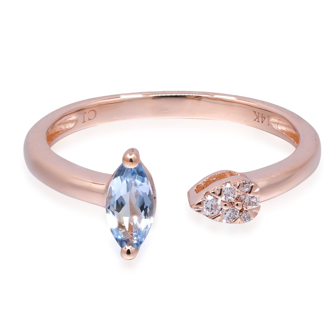 14K Rose Gold Aquamarine Ring with Diamond Accents Size 7.25: 14K Rose Gold Aquamarine Ring with Diamond Accents Size 7.25 This women's ring features a 0.30 carat round brilliant aquamarine as the main stone, accented by diamonds with a total weight of 0.05 cara