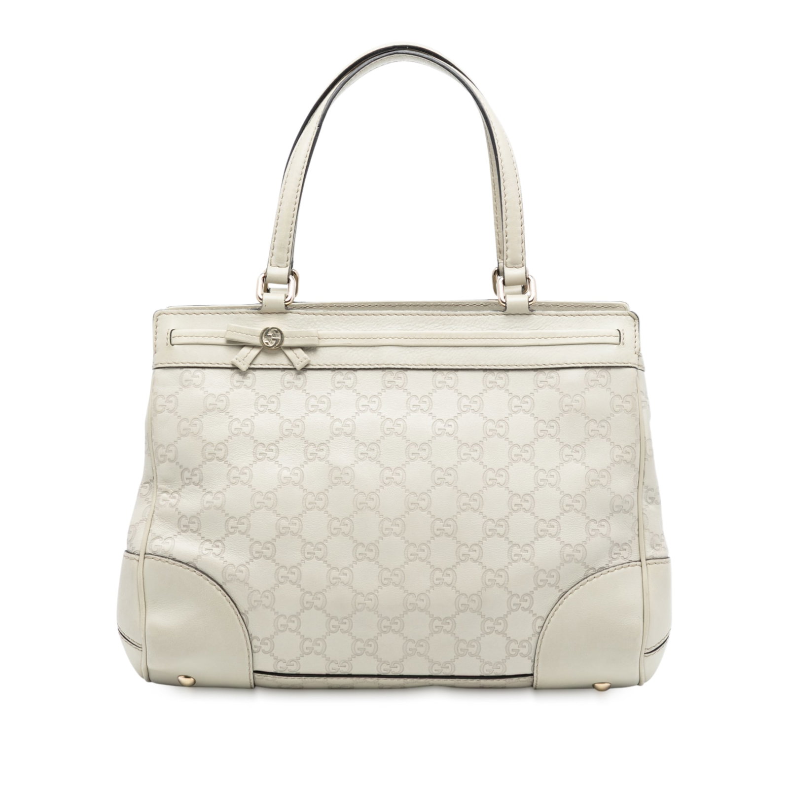 Gucci Mayfair Tote Bag in Embossed White Leather with Ribbon Accent: Gucci Mayfair Tote Bag in Embossed White Leather with Ribbon Accent The Mayfair Tote features an embossed leather exterior with flat leather straps and a ribbon detail at the top panel. It is designed