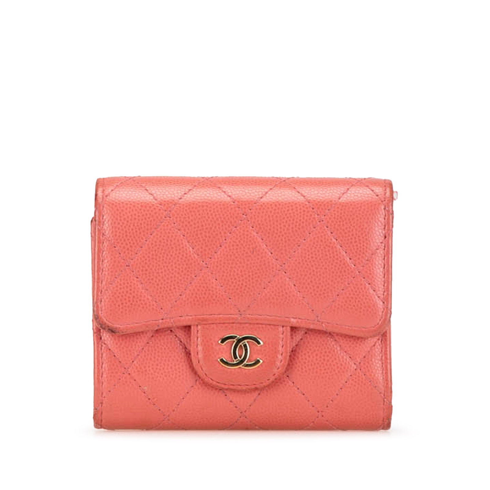 Chanel Pink Quilted Caviar Leather Trifold Wallet with Snap Closure: Chanel Pink Quilted Caviar Leather Trifold Wallet with Snap Closure This Chanel CC Quilted Caviar Trifold Wallet is crafted from quilted caviar leather in pink and features a flap with snap button clo