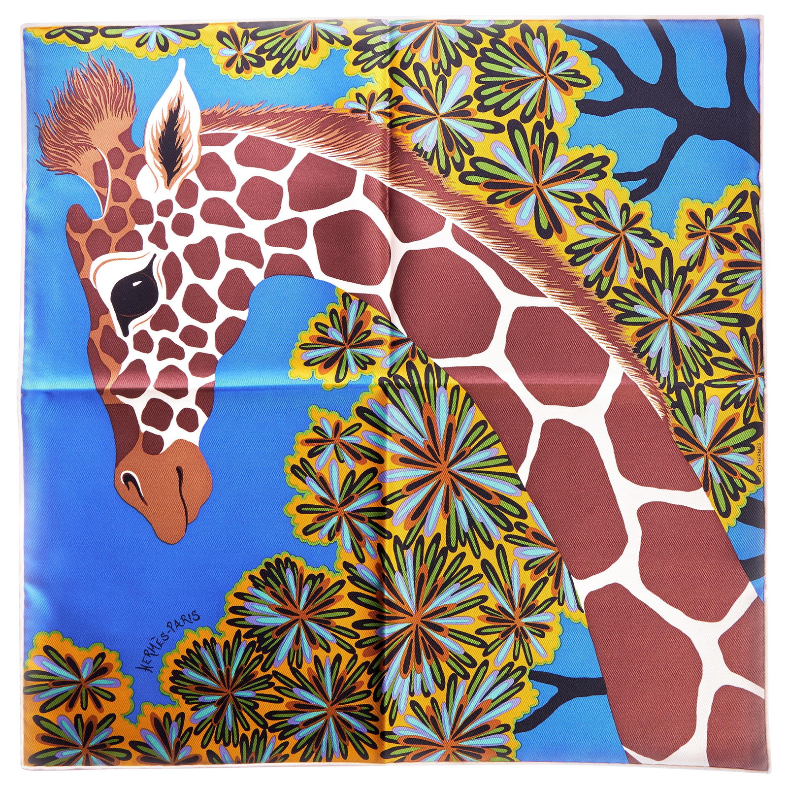 Hermes Blue and Brown Giraffe Silk 16.5 Inch Square Gavroche Scarf (1 of 4)