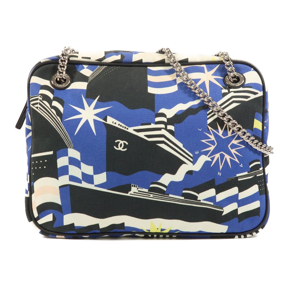 Blue Canvas Chain Shoulder Bag by Chanel CC Silver Hardware: Blue Canvas Chain Shoulder Bag by Chanel CC Silver Hardware This CHANEL shoulder bag features a blue canvas exterior and a classic chain design with silver-tone hardware. Crafted in France, it offers