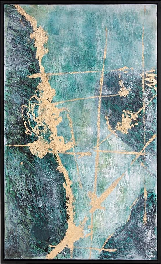 Howard Elliott Tranquil Ocean Wave Art with Gold Leaf 51.75x31.75: Howard Elliott Tranquil Ocean Wave Art with Gold Leaf 51.75x31.75 Enhance your space with this stunning Tranquil Ocean Wall Art, featuring captivating gold leaf accents. This hand-painted original art