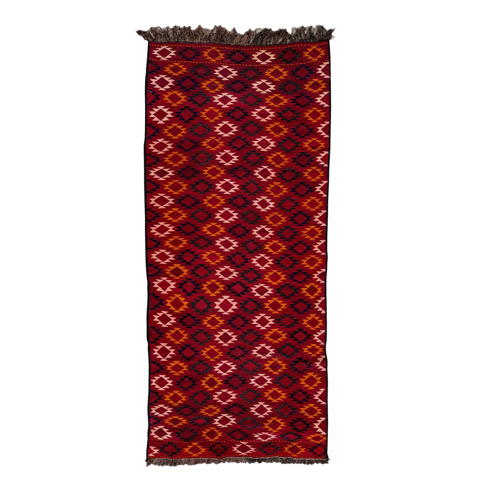 Red Vintage Kilim Handmade Wool Runner Tribal Design 5'6 x 12'7: Red Vintage Kilim Handmade Wool Runner Tribal Design 5'6 x 12'7 This stunning vintage Kilim handmade wool runner features a vibrant red field adorned with an intricate all-over tribal design. Accented