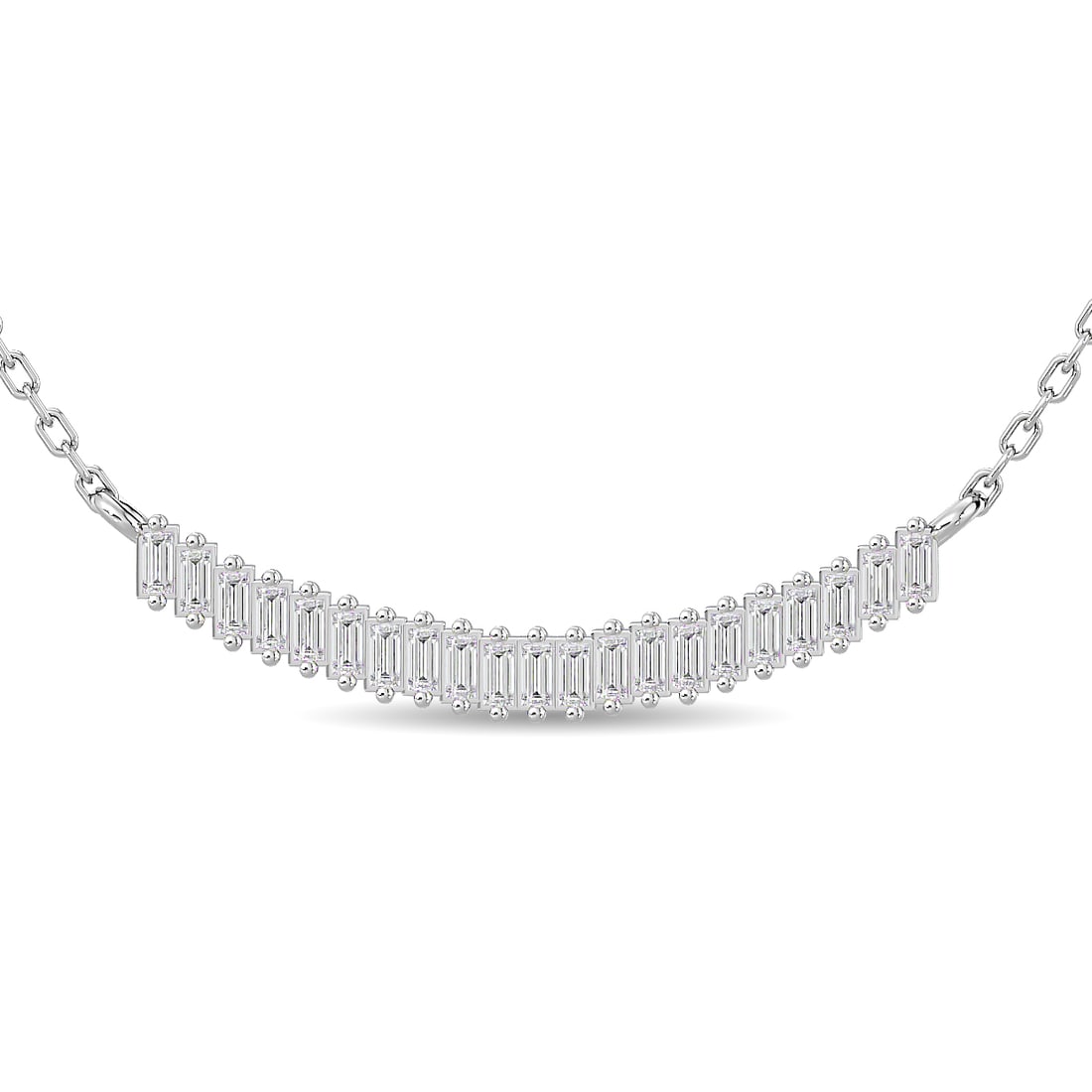 Diamond 1/6 Ct.Tw. Baguette Fashion Necklace in 14K White Gold: Diamond 1/6 Ct.Tw. Baguette Fashion Necklace in 14K White Gold 14k White Gold Stone Color: G-h Stone Clarity: Si2-i1 Unless otherwise specified, pendants that include a chain are paired with our stand