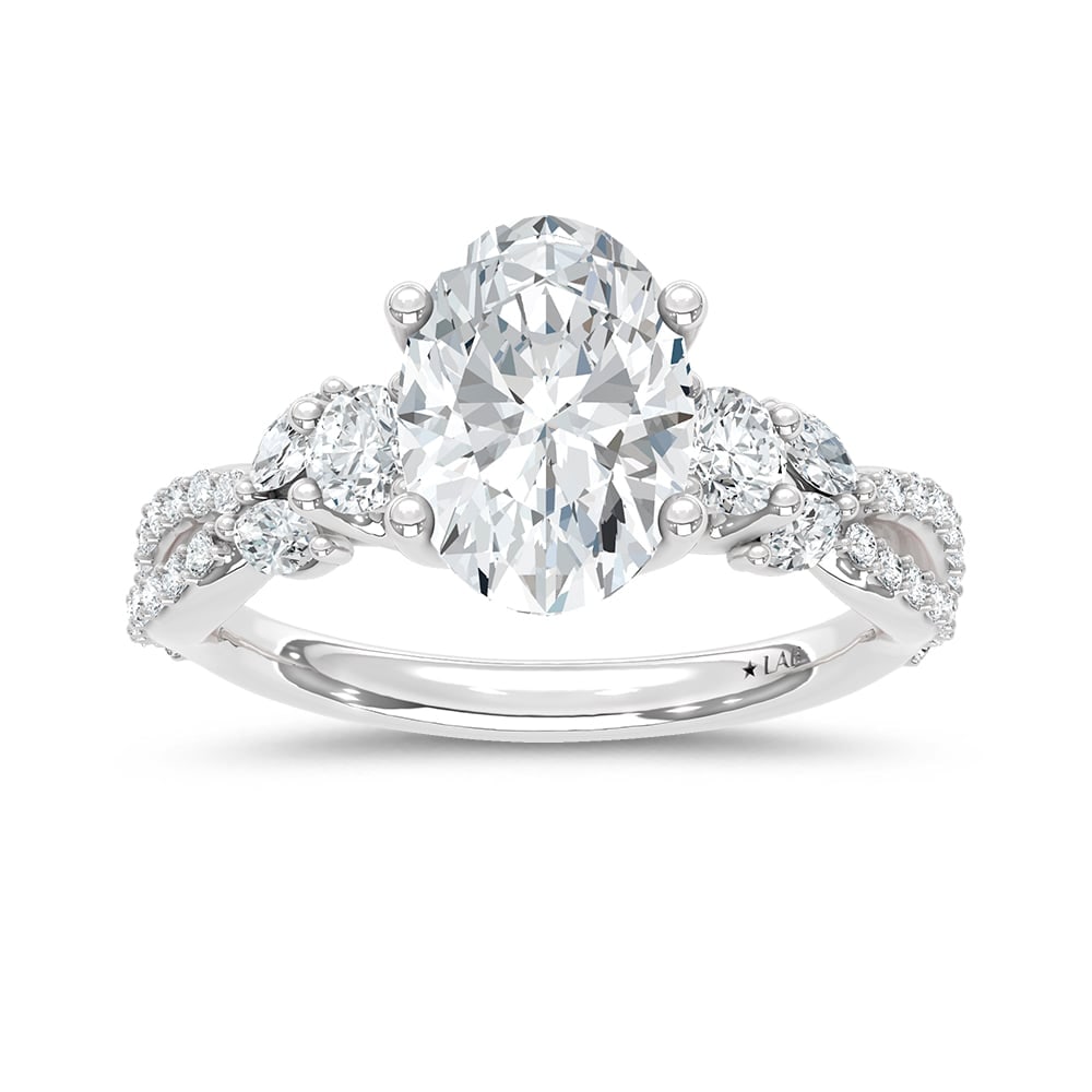14K White Gold Lab Grown Diamond 2 1/2 Ct.Tw. Oval Shape Engagement Ring (Center 2ct): 14K White Gold Lab Grown Diamond 2 1/2 Ct.Tw. Oval Shape Engagement Ring (Center 2ct) 14k White Gold Stone Color: D-f Stone Clarity: Vs Each ring is presented in standard size 6.5. Complimentary resiz