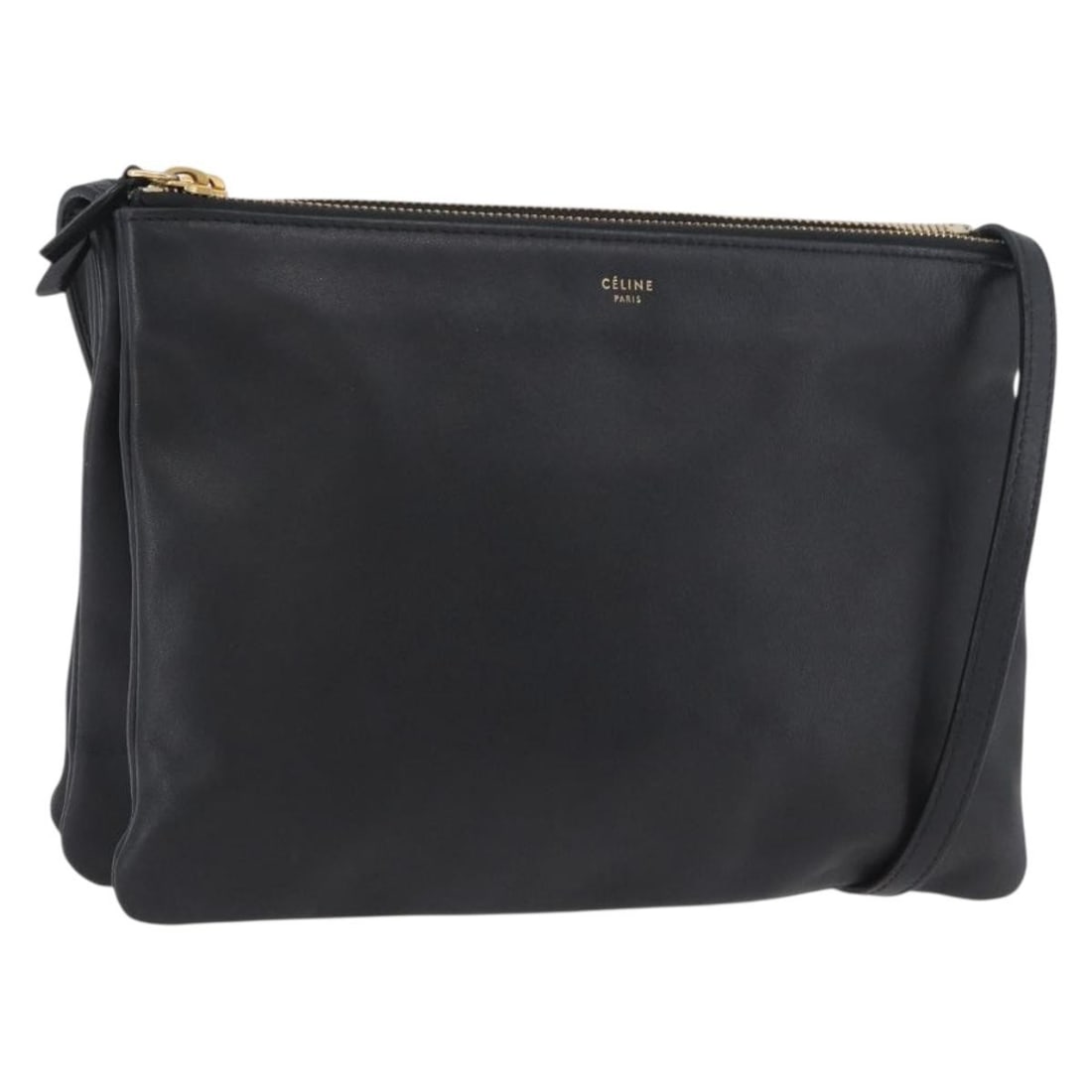 Celine Trio Black Leather Shoulder Bag With Gold Tone Accents: Celine Trio Black Leather Shoulder Bag With Gold Tone Accents This is a Celine Trio shoulder bag crafted from black leather with gold-tone accents. The bag is designed for women and features an adjust