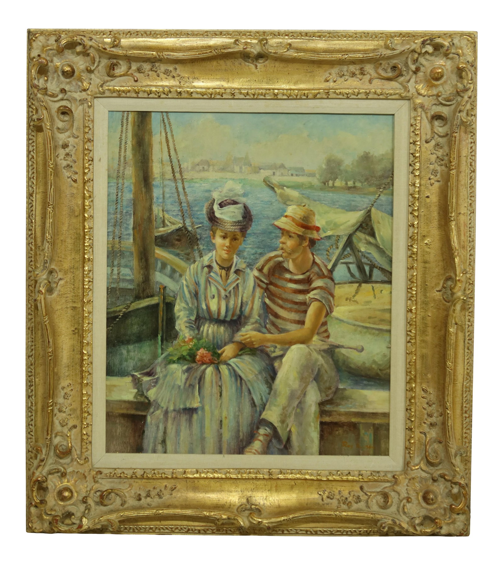Roy Allison Sailor Woman Framed Oil Painting 30.5 x 34.5 Gold Frame: Roy Allison Sailor Woman Framed Oil Painting 30.5 x 34.5 Gold Frame This exquisite framed oil painting on canvas captures a sailor and a woman, showcasing beautiful soft pastel colors. The artwork, ap