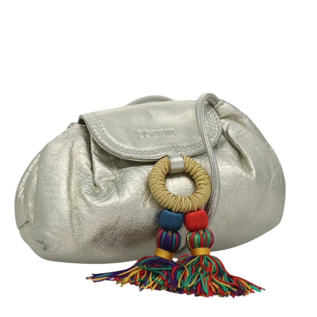 Loewe Silver Tone Leather Fringe Shoulder Bag for Women: Loewe Silver Tone Leather Fringe Shoulder Bag for Women This LOEWE fringe shoulder bag features a silver tone leather exterior, designed specifically for women. The bag is crafted in Spain and showcas