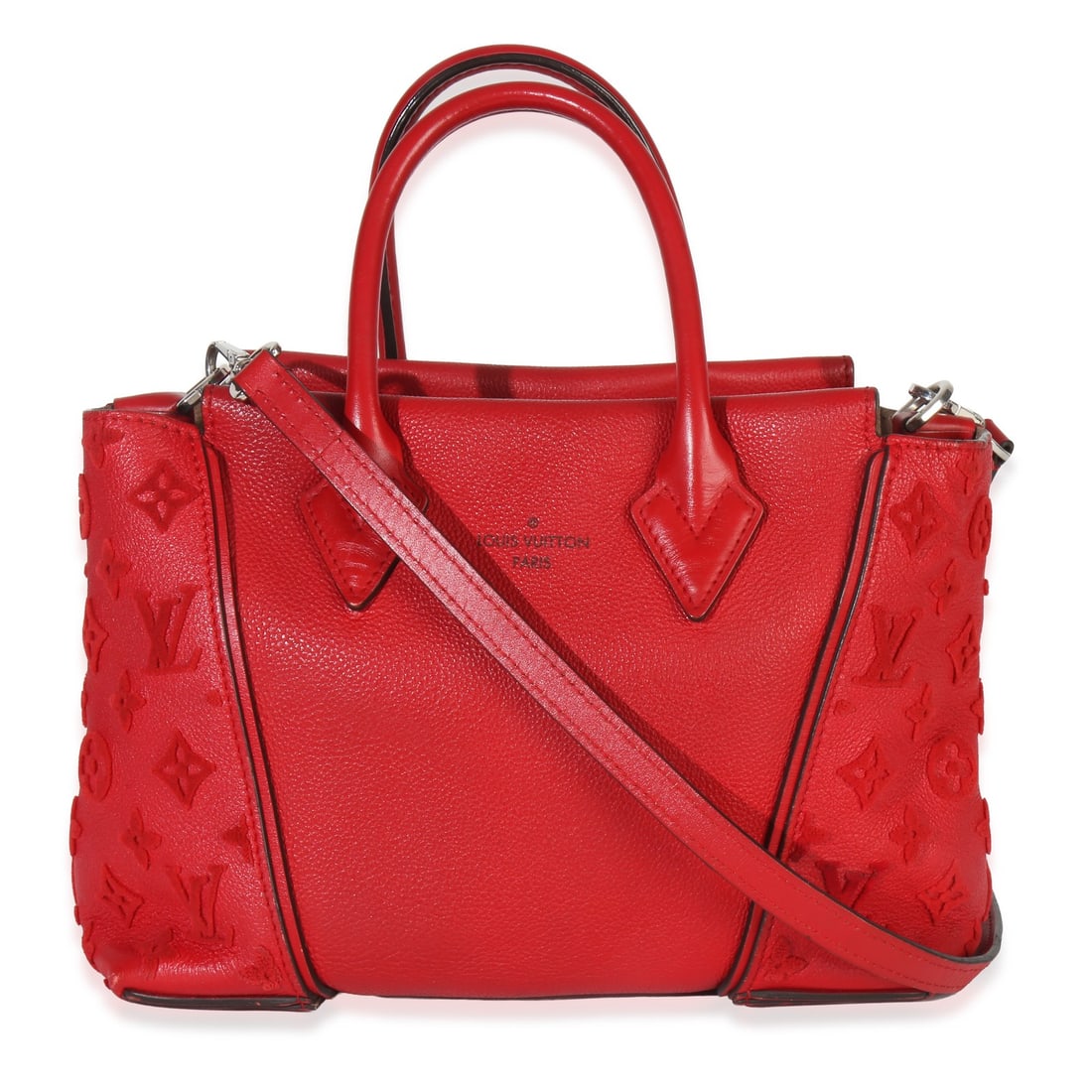 Louis Vuitton Framboise Monogram Velours W BB Leather Tote with Strap: Louis Vuitton Framboise Monogram Velours W BB Leather Tote with Strap This Louis Vuitton Framboise Monogram Velours W BB tote features a red leather exterior with silver-tone hardware and a magnetic c