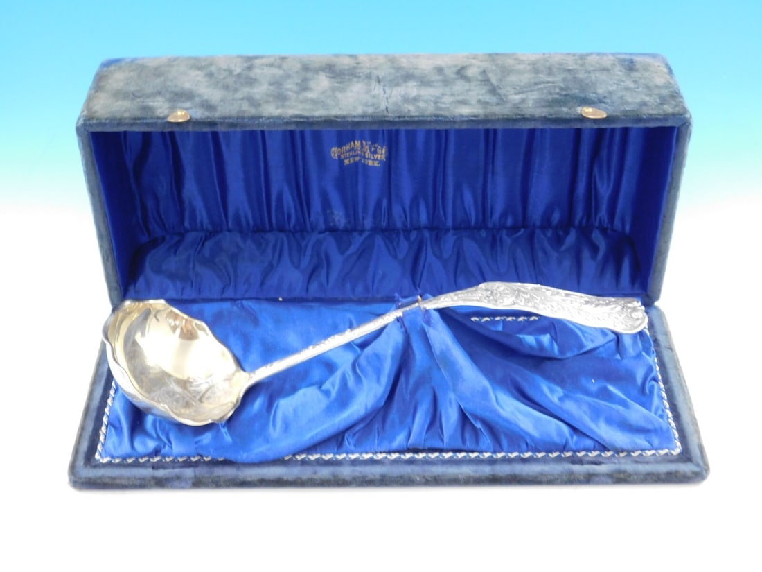 Gorham Saint Cloud Sterling Silver Soup Ladle Gold-Washed with Original Box 13.5": Gorham Saint Cloud Sterling Silver Soup Ladle Gold-Washed with Original Box 13.5" This exquisite soup ladle from the Saint Cloud pattern by Gorham is a fine example of craftsmanship from the late 19th