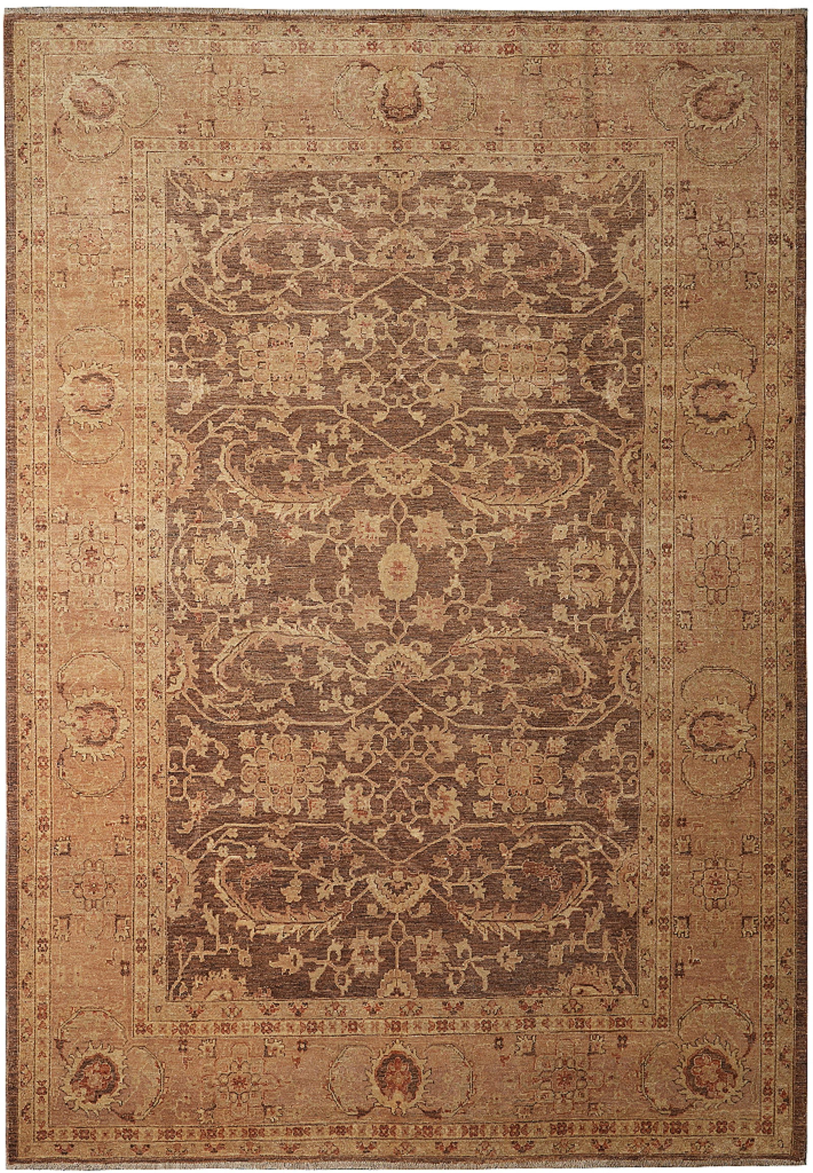 Handmade Zigler Chobi Rug 9 x 11.8 Brown Neutral Wool Pakistan: Handmade Zigler Chobi Rug 9 x 11.8 Brown Neutral Wool Pakistan Free continental US Shipping This handmade Zigler Chobi area rug features a traditional design with intricate floral motifs, medallions,