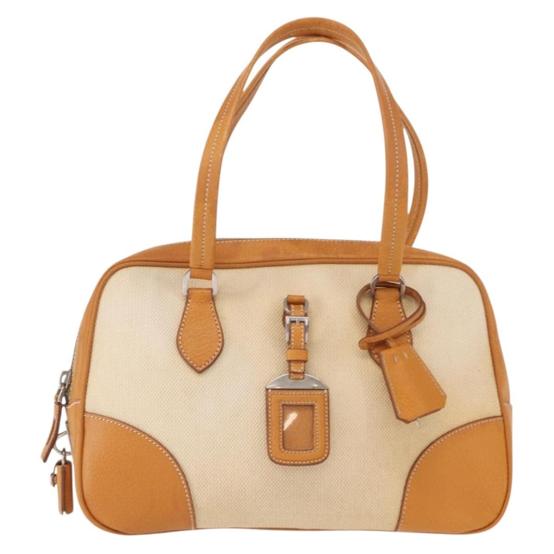 Prada Canvas and Leather Bowler Handbag in Beige (1 of 18)